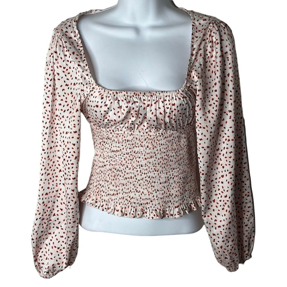 Princess Polly Size 2 Top Blouse Long Sleeves Smocked Waist Square Neck Pink Red - Picture 8 of 10